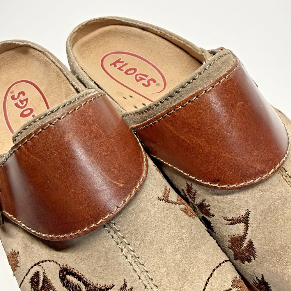 Klogs Footwear Austin Leather Shoes Women 8 W Wide Taupe Suede Leaf Vine Boho - Picture 9 of 13